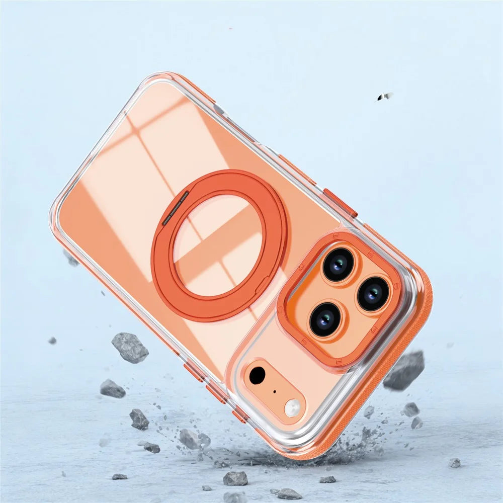 For iPhone 17 Pro Magnetic Case Rotating Ring Kickstand Dual Color Acrylic + TPU Clear Phone Cover - Orange - 3