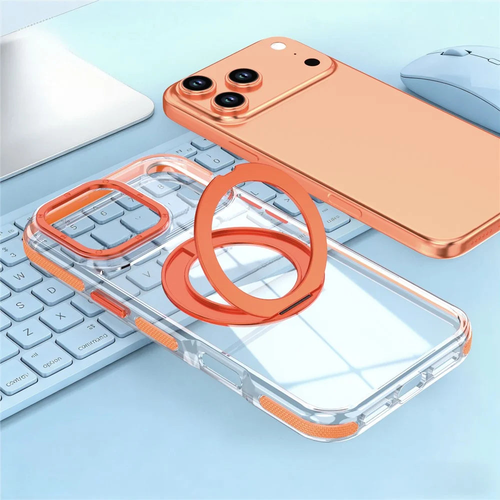 For iPhone 17 Pro Magnetic Case Rotating Ring Kickstand Dual Color Acrylic + TPU Clear Phone Cover - Orange - 4