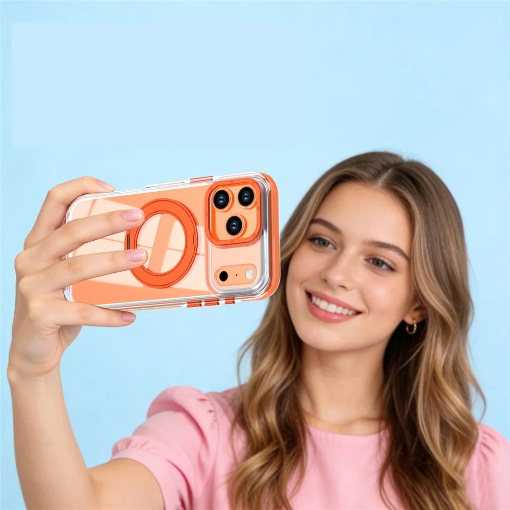 For iPhone 17 Pro Magnetic Case Rotating Ring Kickstand Dual Color Acrylic + TPU Clear Phone Cover - Orange - 5