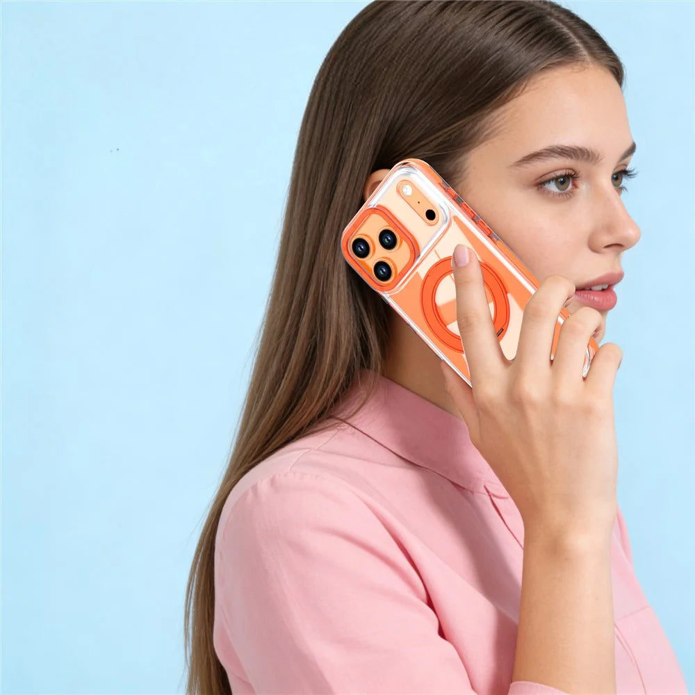 For iPhone 17 Pro Magnetic Case Rotating Ring Kickstand Dual Color Acrylic + TPU Clear Phone Cover - Orange - 6