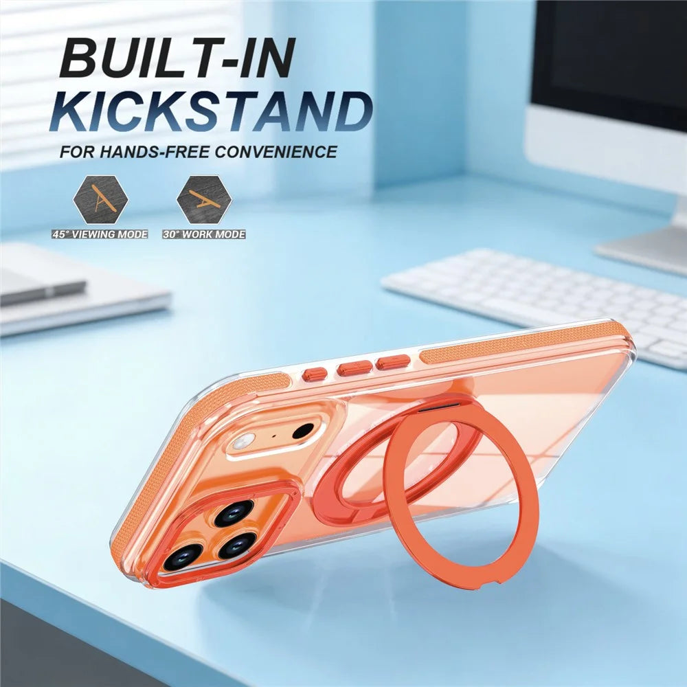 For iPhone 17 Pro Magnetic Case Rotating Ring Kickstand Dual Color Acrylic + TPU Clear Phone Cover - Orange - 7