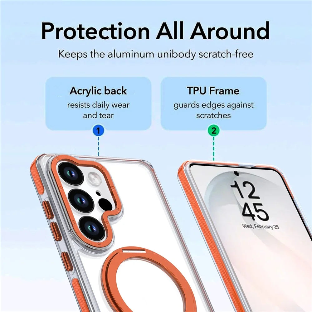 For Samsung Galaxy S23 Ultra Magnetic Case Rotating Ring Kickstand Dual Color Acrylic + TPU Clear Phone Cover - Orange - 5