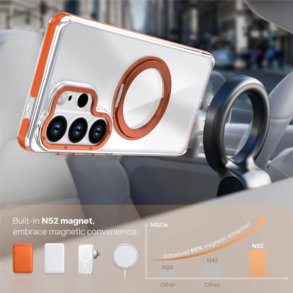 For Samsung Galaxy S23 Ultra Magnetic Case Rotating Ring Kickstand Dual Color Acrylic + TPU Clear Phone Cover - Orange - 7
