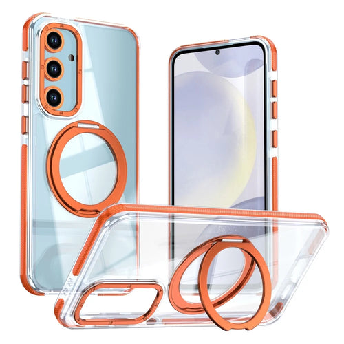 For Samsung Galaxy S23 FE Magnetic Case Rotating Ring Kickstand Dual Color Acrylic + TPU Clear Phone Cover - Orange - 1