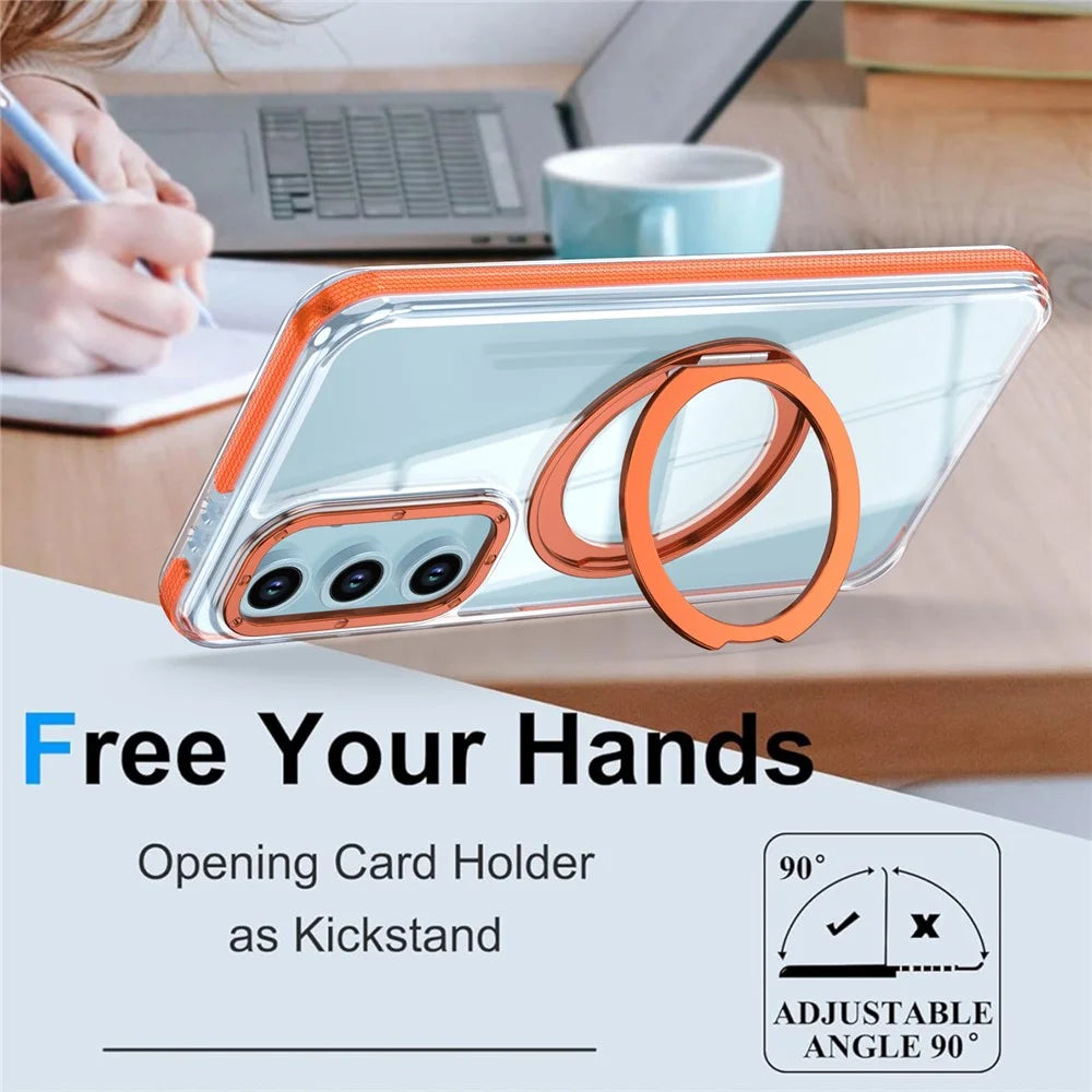 For Samsung Galaxy S23 FE Magnetic Case Rotating Ring Kickstand Dual Color Acrylic + TPU Clear Phone Cover - Orange - 3