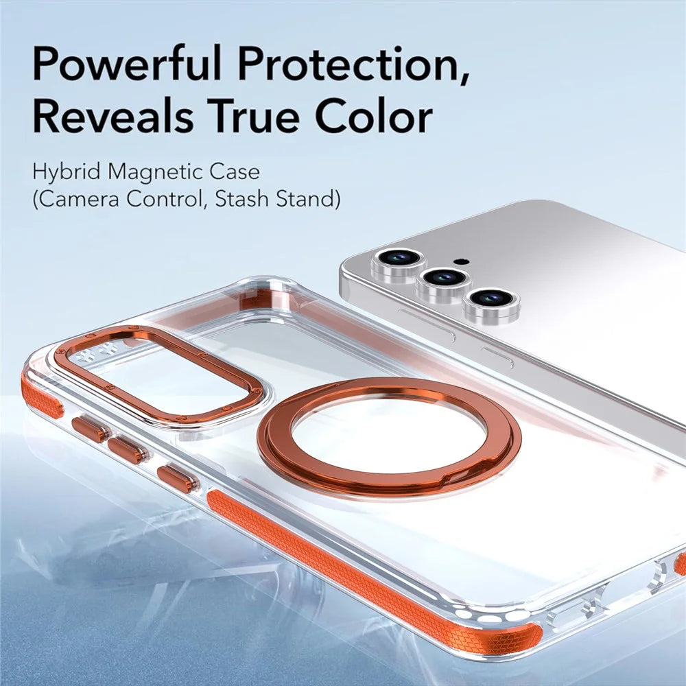 For Samsung Galaxy S23 FE Magnetic Case Rotating Ring Kickstand Dual Color Acrylic + TPU Clear Phone Cover - Orange - 4