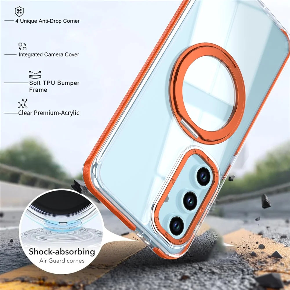 For Samsung Galaxy S23 FE Magnetic Case Rotating Ring Kickstand Dual Color Acrylic + TPU Clear Phone Cover - Orange - 6