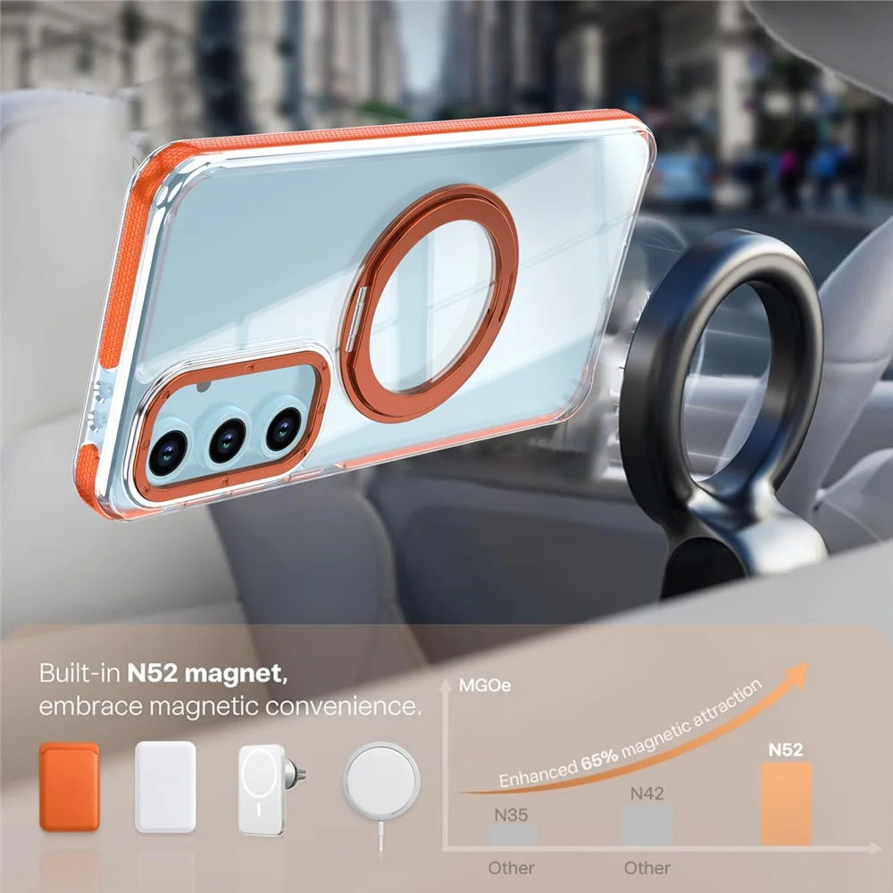 For Samsung Galaxy S23 FE Magnetic Case Rotating Ring Kickstand Dual Color Acrylic + TPU Clear Phone Cover - Orange - 7