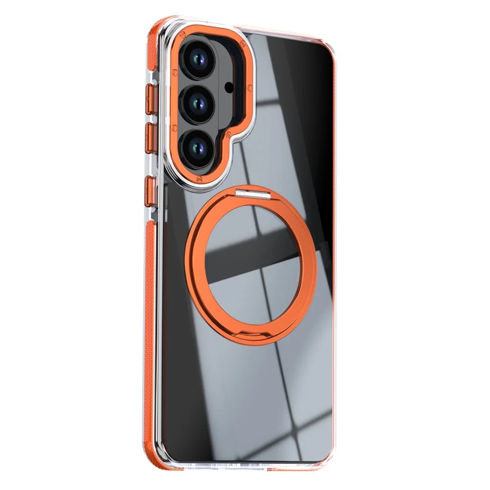For Samsung Galaxy S24  /  S25 Magnetic Case Rotating Ring Kickstand Dual Color Acrylic + TPU Clear Phone Cover - Orange - 2
