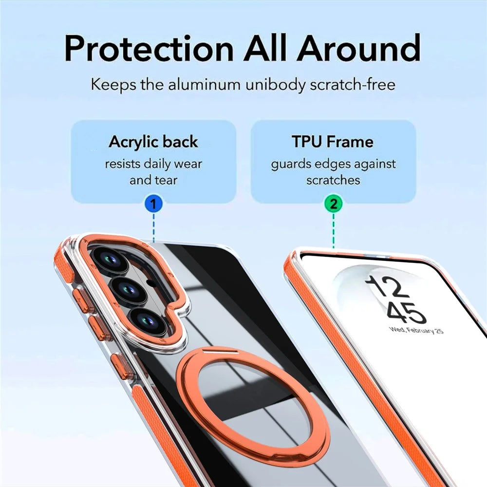 For Samsung Galaxy S24  /  S25 Magnetic Case Rotating Ring Kickstand Dual Color Acrylic + TPU Clear Phone Cover - Orange - 5