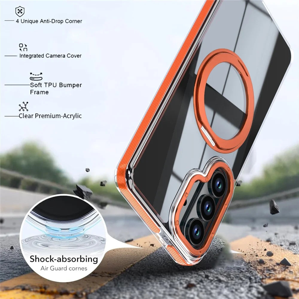 For Samsung Galaxy S24  /  S25 Magnetic Case Rotating Ring Kickstand Dual Color Acrylic + TPU Clear Phone Cover - Orange - 6