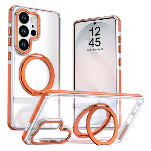 For Samsung Galaxy S24 Ultra Magnetic Case Rotating Ring Kickstand Dual Color Acrylic + TPU Clear Phone Cover - Orange - 1
