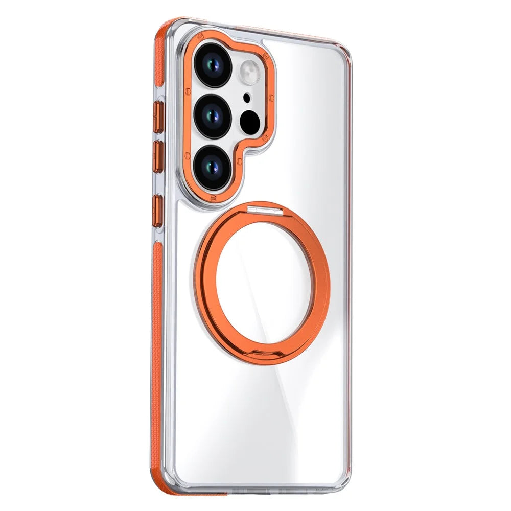 For Samsung Galaxy S25 Ultra Magnetic Case Rotating Ring Kickstand Dual Color Acrylic + TPU Clear Phone Cover - Orange - 2