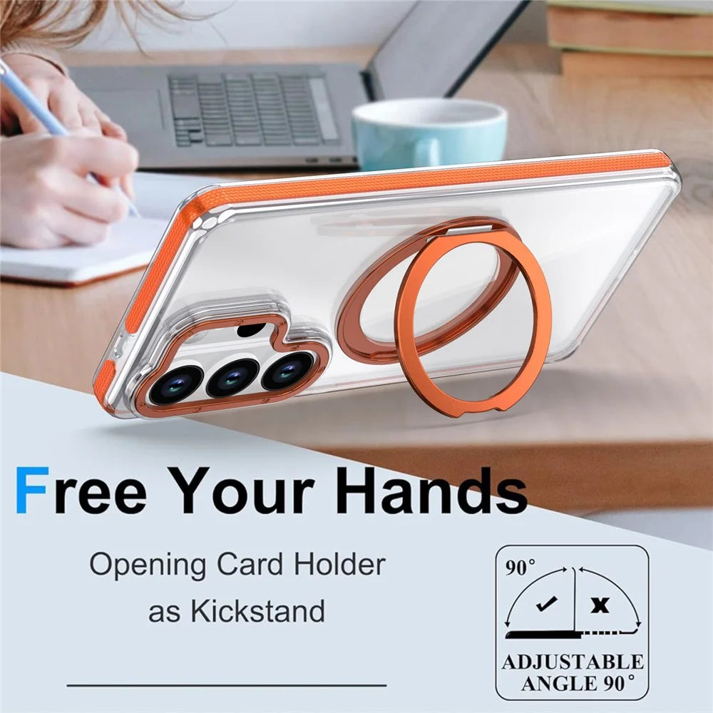 For Samsung Galaxy S25 Ultra Magnetic Case Rotating Ring Kickstand Dual Color Acrylic + TPU Clear Phone Cover - Orange - 3