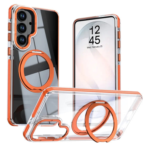 For Samsung Galaxy S26 Magnetic Case Rotating Ring Kickstand Dual Color Acrylic + TPU Clear Phone Cover - Orange - 1