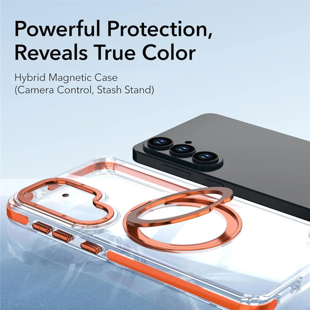 For Samsung Galaxy S26+ Magnetic Case Rotating Ring Kickstand Dual Color Acrylic + TPU Clear Phone Cover - Orange - 4
