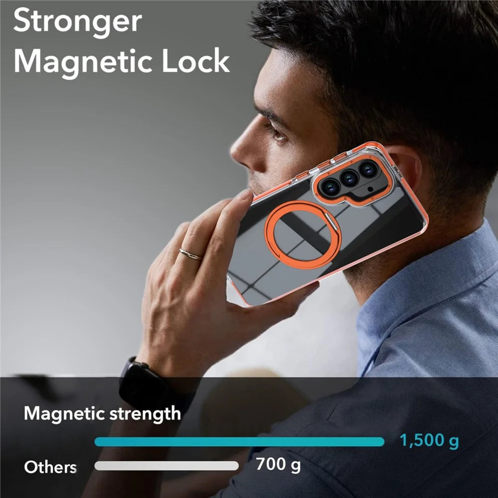 For Samsung Galaxy S26+ Magnetic Case Rotating Ring Kickstand Dual Color Acrylic + TPU Clear Phone Cover - Orange - 7