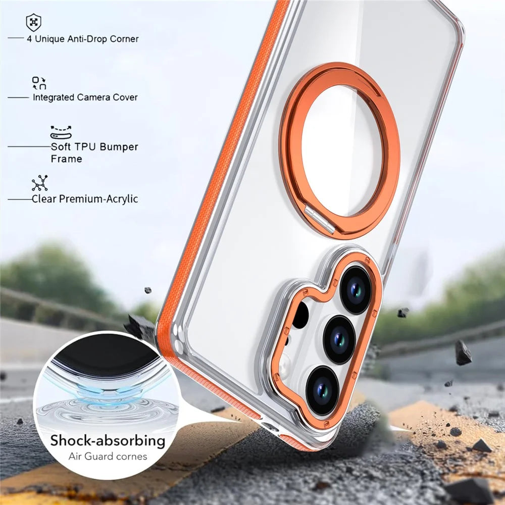 For Samsung Galaxy S26 Ultra Magnetic Case Rotating Ring Kickstand Dual Color Acrylic + TPU Clear Phone Cover - Orange - 6