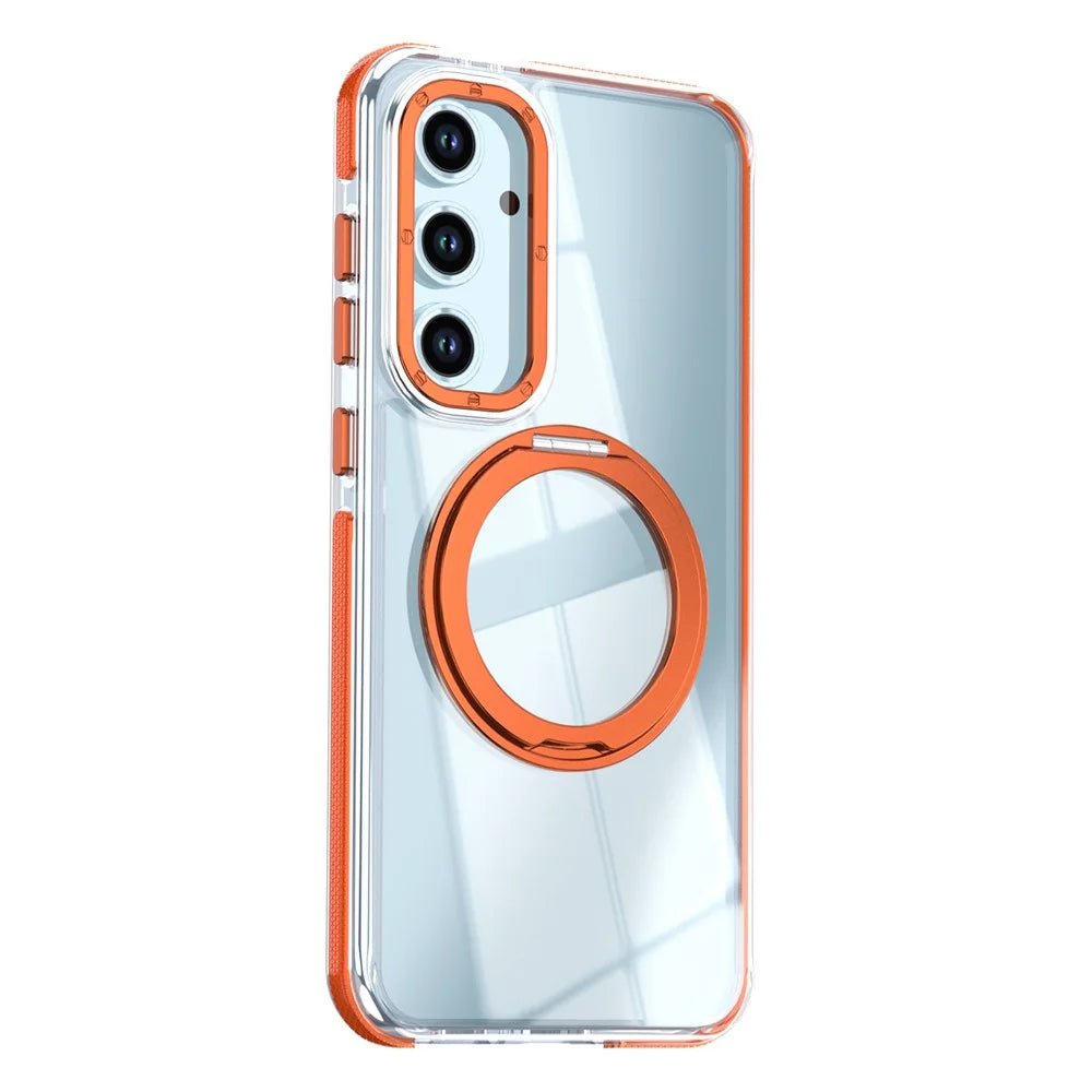 For Samsung Galaxy S24 FE Magnetic Case Rotating Ring Kickstand Dual Color Acrylic + TPU Clear Phone Cover - Orange - 2