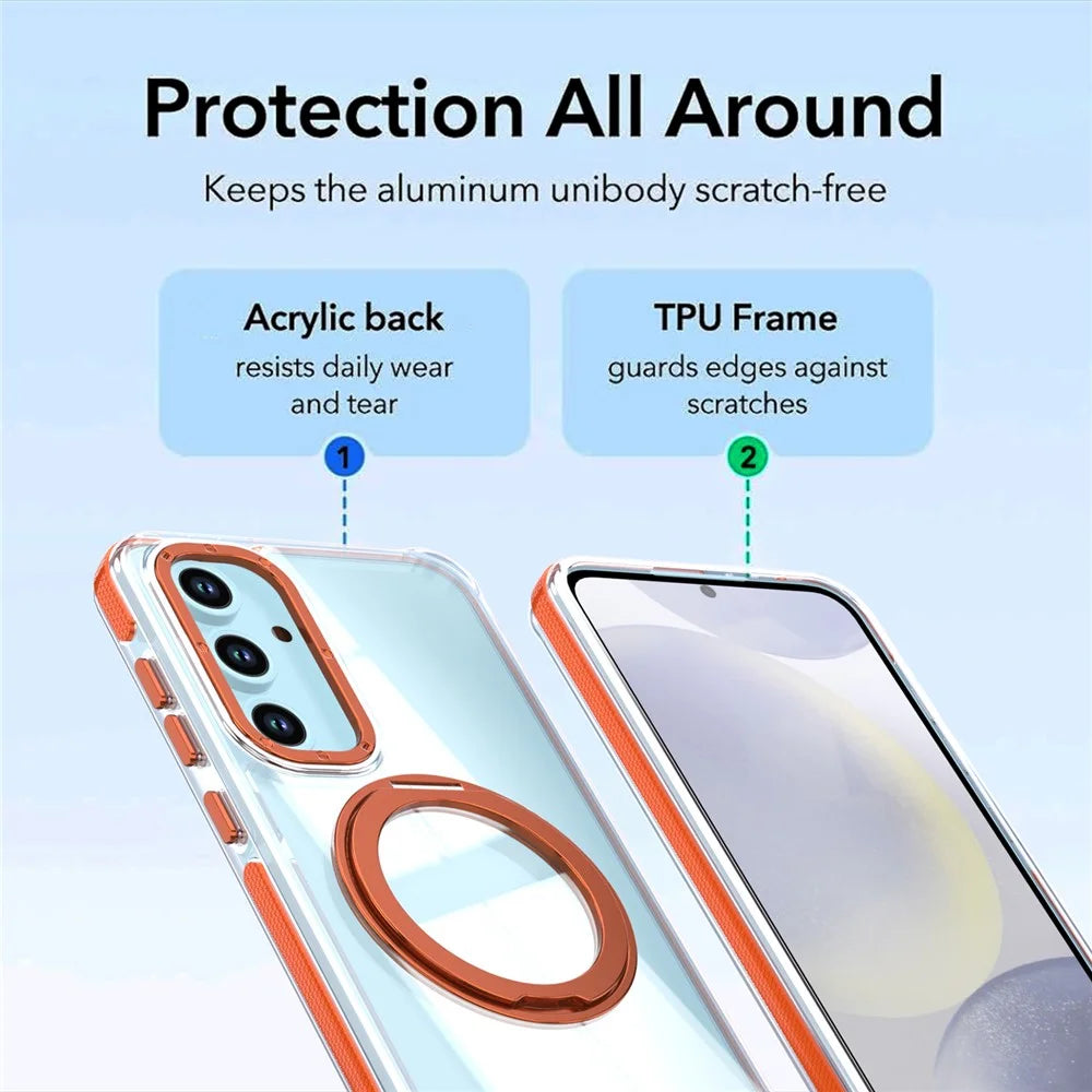 For Samsung Galaxy S24 FE Magnetic Case Rotating Ring Kickstand Dual Color Acrylic + TPU Clear Phone Cover - Orange - 5