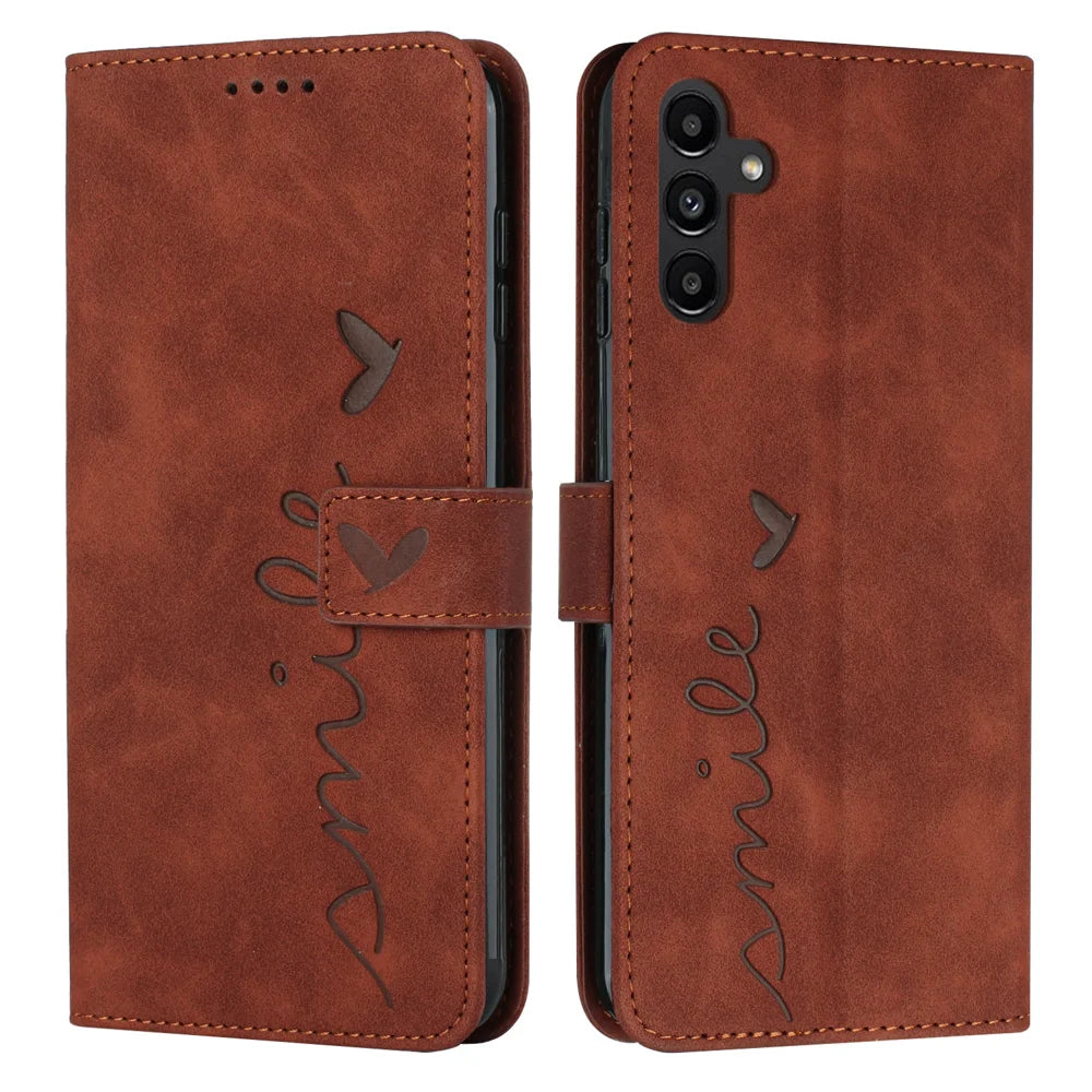 For Samsung Galaxy S26 FE Stand Case PU Leather Phone Cover Imprinted Heart Pattern - Brown - 1