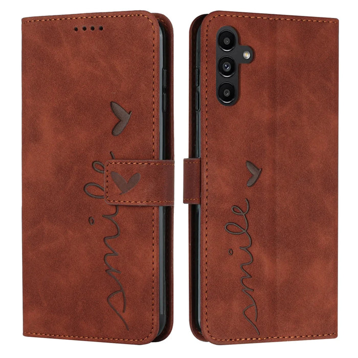 For Samsung Galaxy S26 FE Stand Case PU Leather Phone Cover Imprinted Heart Pattern - Brown - 1