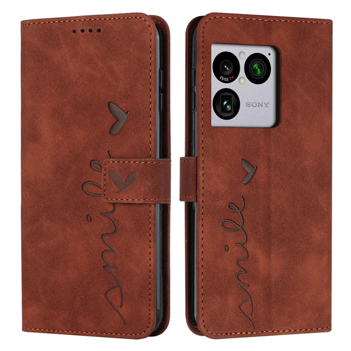 For Sony Xperia 1 VIII Stand Case PU Leather Phone Cover Imprinted Heart Pattern - Brown - 1