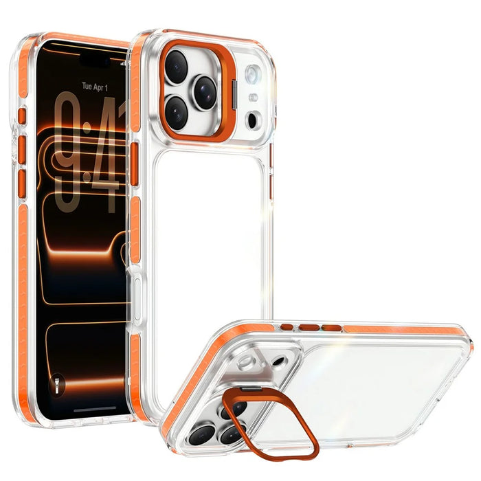 For iPhone 17 Pro Case Metal Camera Kickstand Shockproof Clear PC + TPU Phone Cover - Transparent Orange - 1