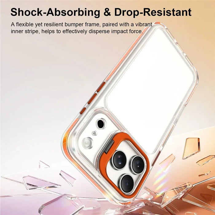 For iPhone 17 Pro Case Metal Camera Kickstand Shockproof Clear PC + TPU Phone Cover - Transparent Orange - 2