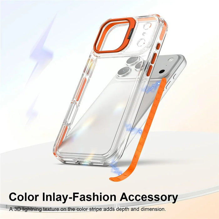 For iPhone 17 Pro Case Metal Camera Kickstand Shockproof Clear PC + TPU Phone Cover - Transparent Orange - 3