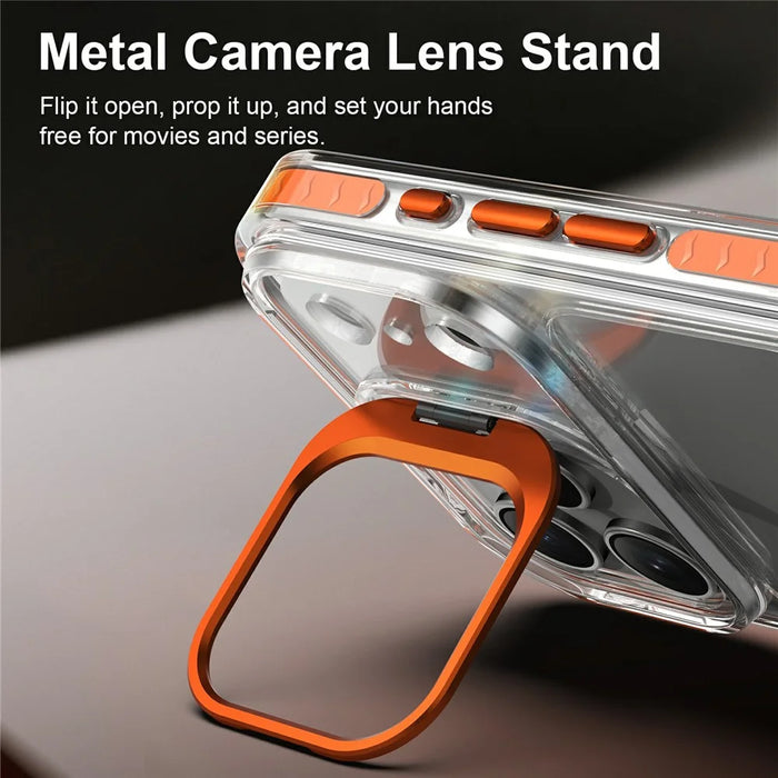 For iPhone 17 Pro Case Metal Camera Kickstand Shockproof Clear PC + TPU Phone Cover - Transparent Orange - 4
