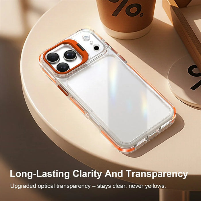 For iPhone 17 Pro Case Metal Camera Kickstand Shockproof Clear PC + TPU Phone Cover - Transparent Orange - 5