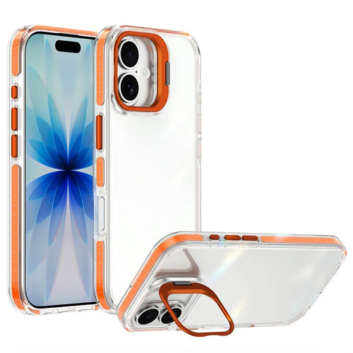 For iPhone 17 Case Metal Camera Kickstand Shockproof Clear PC + TPU Phone Cover - Transparent Orange - 1