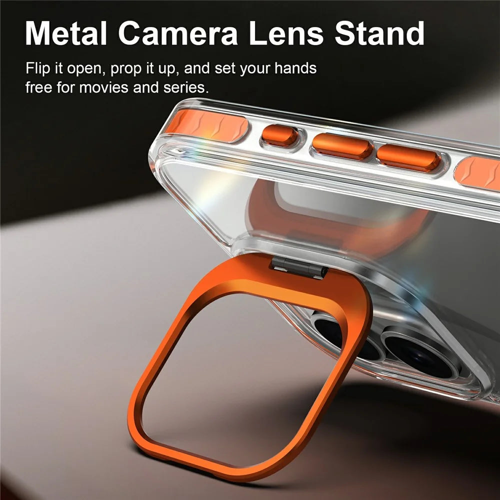 For iPhone 17 Case Metal Camera Kickstand Shockproof Clear PC + TPU Phone Cover - Transparent Orange - 4