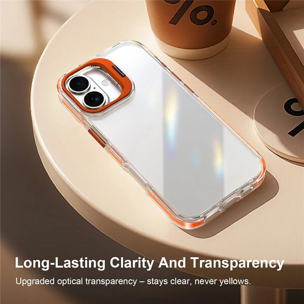 For iPhone 17 Case Metal Camera Kickstand Shockproof Clear PC + TPU Phone Cover - Transparent Orange - 5
