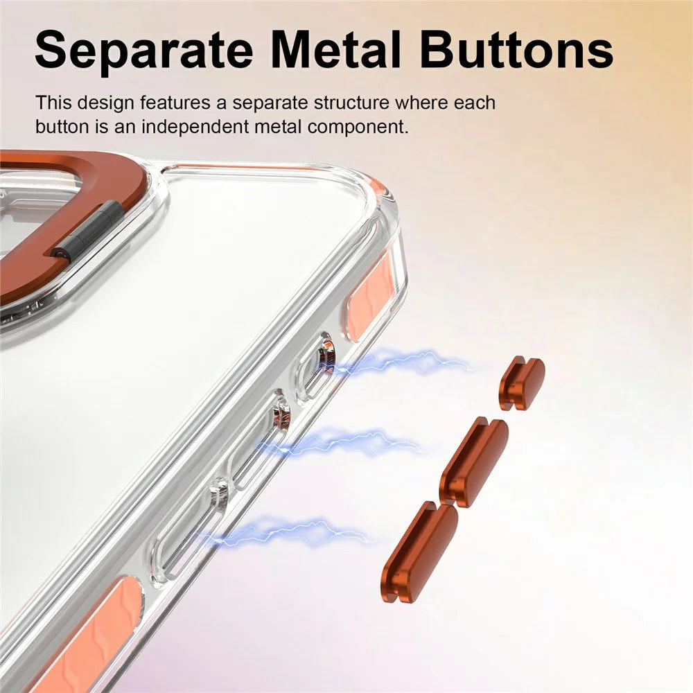 For iPhone 17 Case Metal Camera Kickstand Shockproof Clear PC + TPU Phone Cover - Transparent Orange - 6