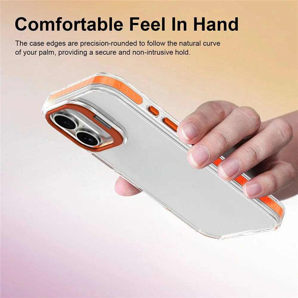 For iPhone 17 Case Metal Camera Kickstand Shockproof Clear PC + TPU Phone Cover - Transparent Orange - 7