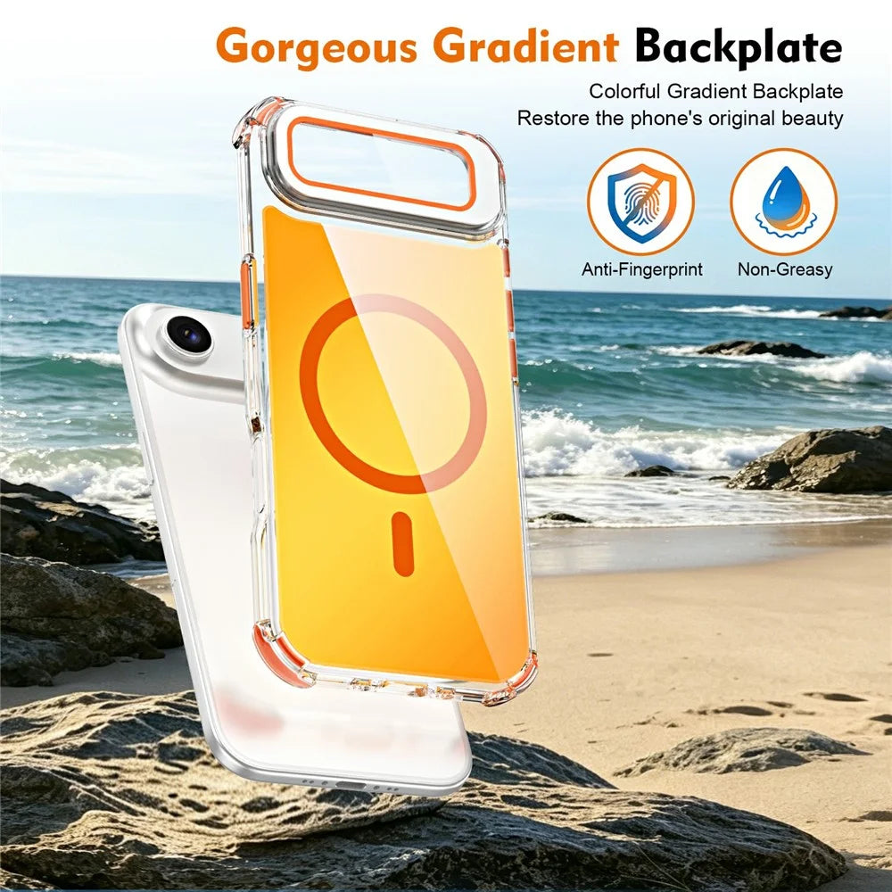 For iPhone Air Magnetic Case Four Corner Drop Protection TPU + Acrylic Gradient Phone Cover with Lens Film Kickstand - Orange - 6
