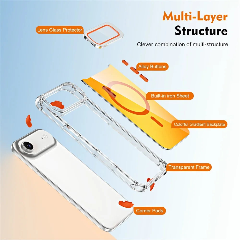For iPhone Air Magnetic Case Four Corner Drop Protection TPU + Acrylic Gradient Phone Cover with Lens Film Kickstand - Orange - 7
