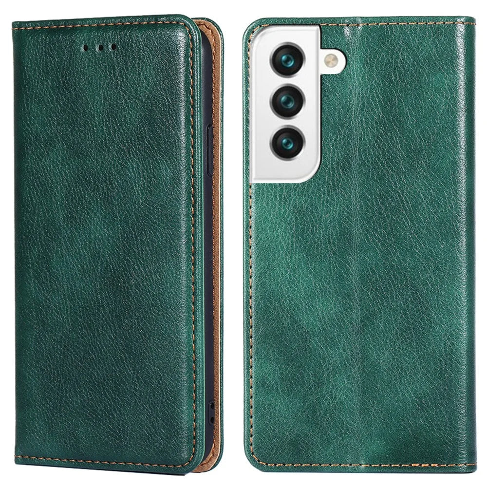 For Samsung Galaxy S23 Solid Color Anti-drop Case PU Leather Magnetic Auto-absorbed Phone Cover with Stand Wallet - Green - 1