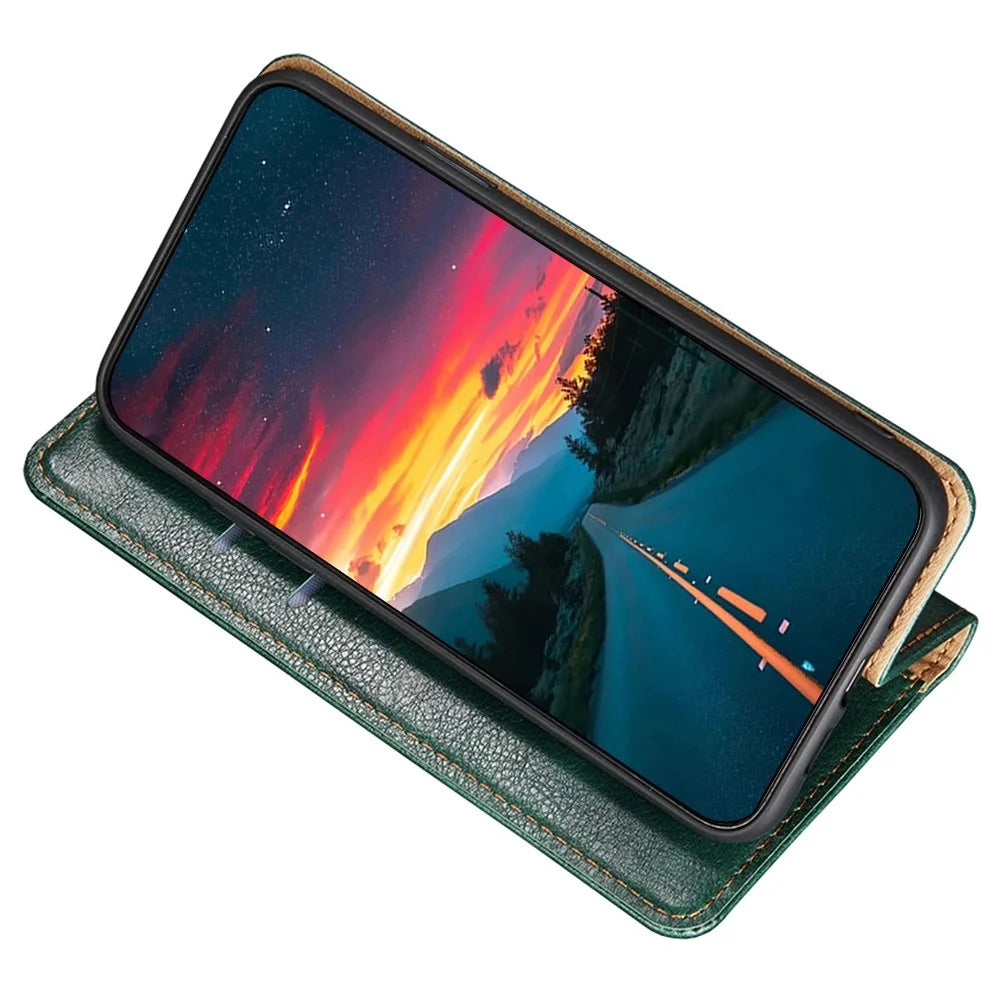 For Samsung Galaxy S23 Solid Color Anti-drop Case PU Leather Magnetic Auto-absorbed Phone Cover with Stand Wallet - Green - 3