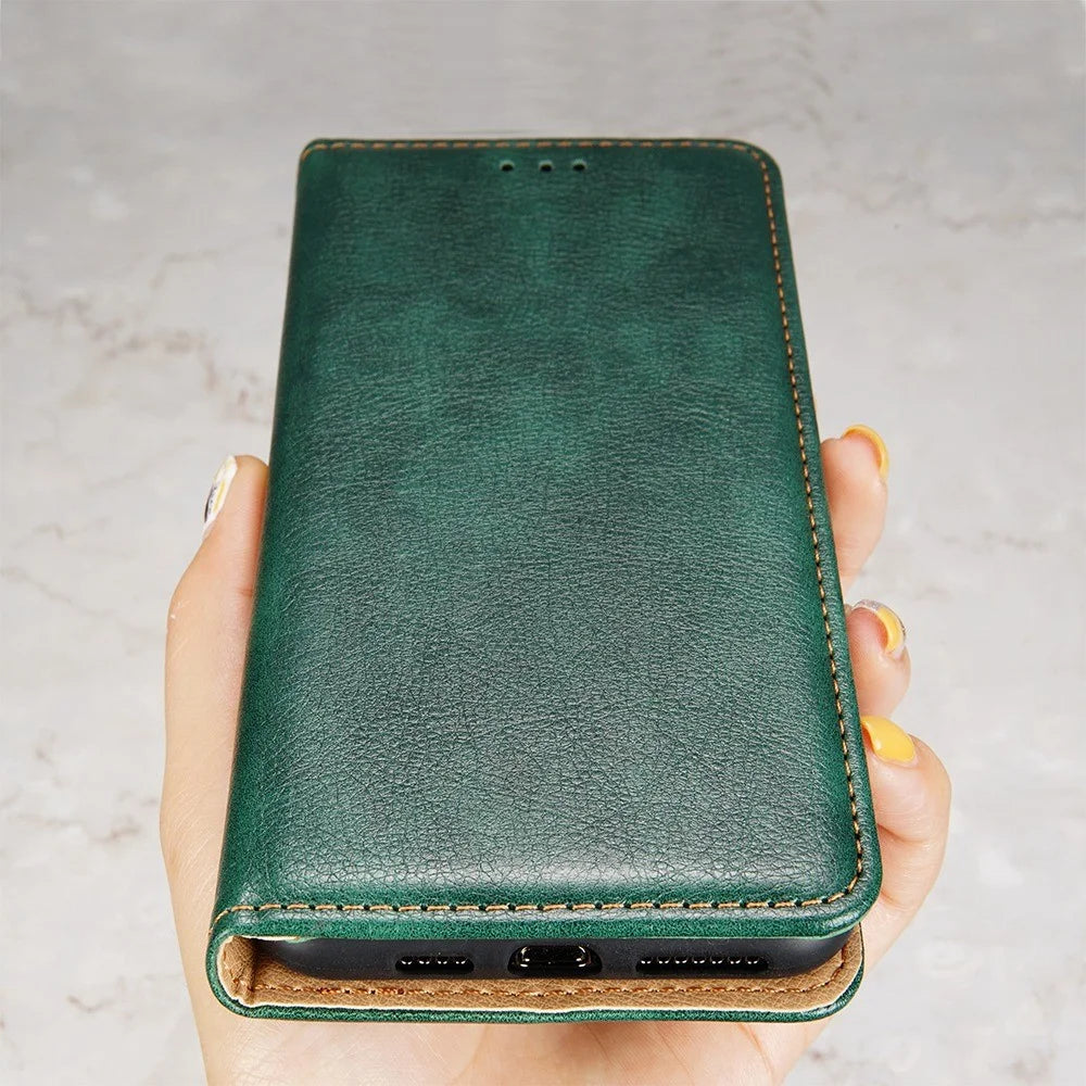 For Samsung Galaxy S23 Solid Color Anti-drop Case PU Leather Magnetic Auto-absorbed Phone Cover with Stand Wallet - Green - 5