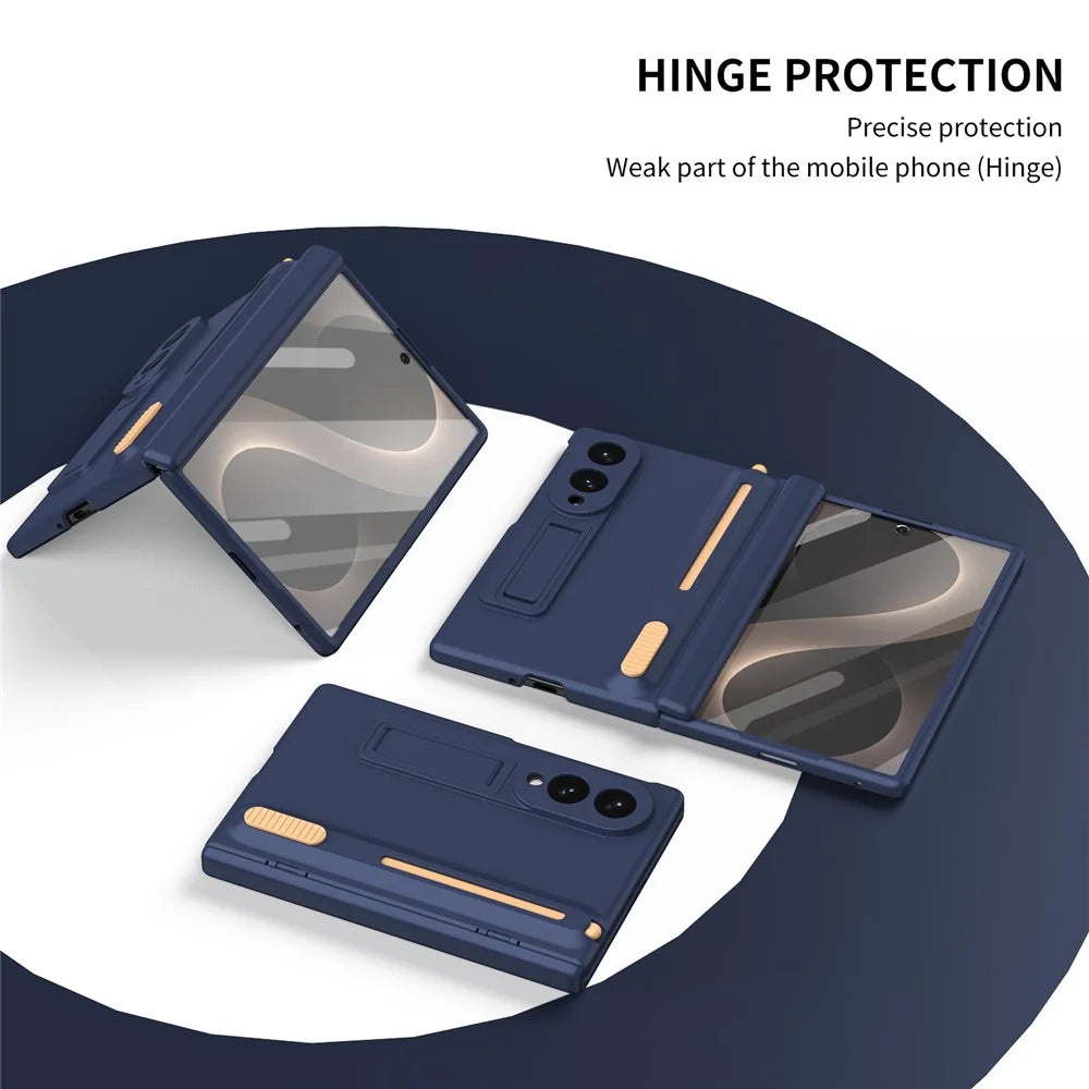For Samsung Galaxy Z Fold8 Kickstand Case Hinge Protection PC Phone Cover with Screen Protector and Stylus Pen - Sapphire - 6