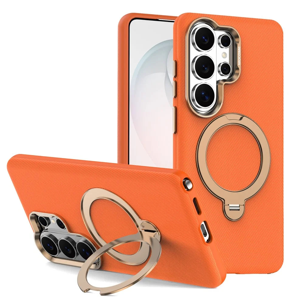 For Samsung Galaxy S26 Ultra Magnetic Case Rotating Kickstand PU Leather + PC + TPU Shockproof Back Cover - Orange - 1