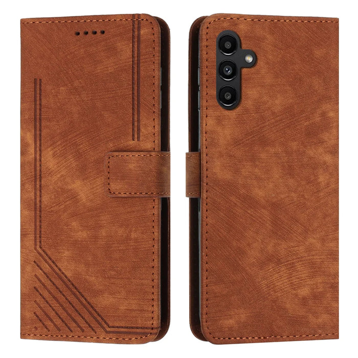 For Samsung Galaxy S26 FE Stand Case Imprinted Lines Leather Phone Cover - Brown - 1