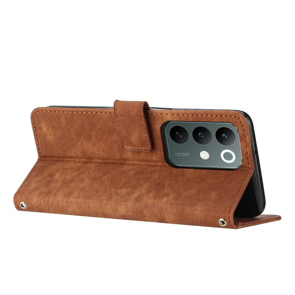 For Realme C100x 4G / Realme C100i 4G / Realme C100 4G Stand Case Imprinted Lines Leather Phone Cover - Brown - 2