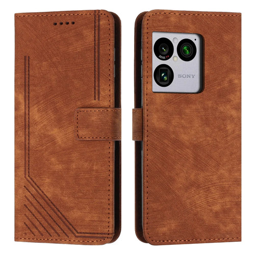 For Sony Xperia 1 VIII Stand Case Imprinted Lines Leather Phone Cover - Brown - 1