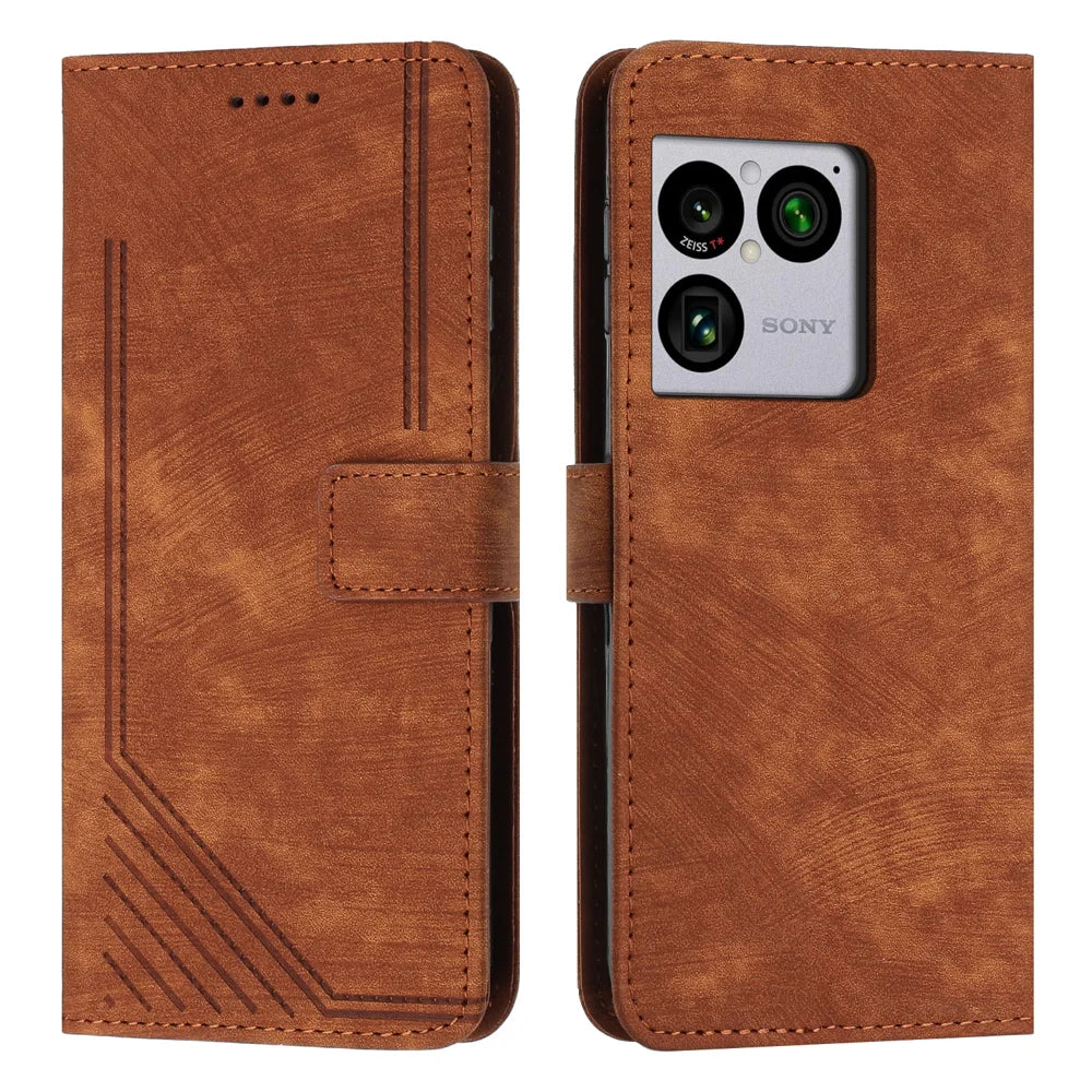 For Sony Xperia 1 VIII Stand Case Imprinted Lines Leather Phone Cover - Brown - 1