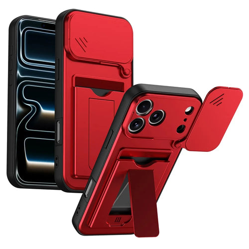 For iPhone 17 Pro Max Case Slide Camera Cover Kickstand PC + TPU Phone Shell with Card Holder - Red - 1