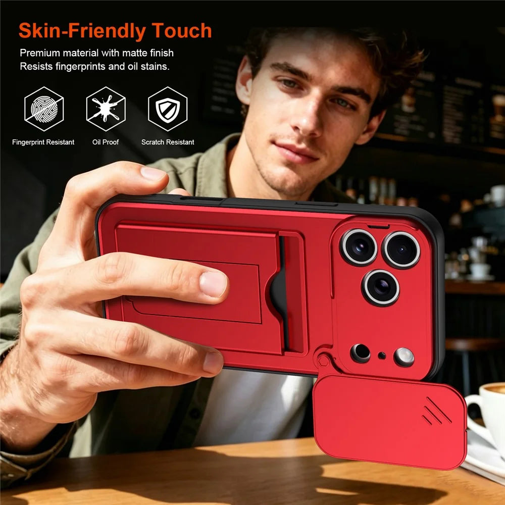 For iPhone 17 Pro Max Case Slide Camera Cover Kickstand PC + TPU Phone Shell with Card Holder - Red - 6
